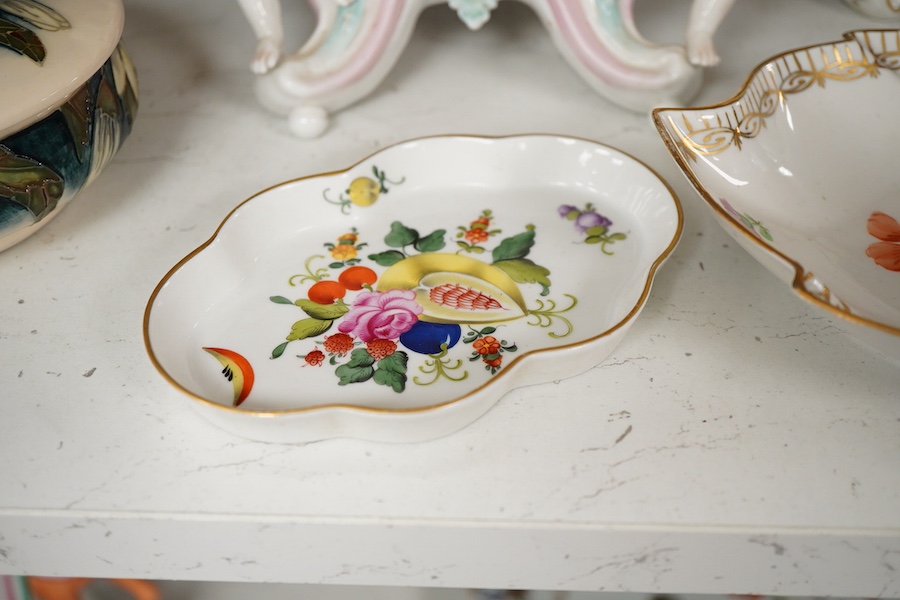 A Dresden style mirror, a Moorcroft pot, Doulton flambé vase and other ceramics, tallest 30cm